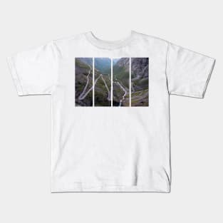 Wonderful landscapes in Norway. Vestland. Beautiful scenery of Trollstigen winding roads and valley on the Geiranger Trollstigen scenic route at midnight sun. Snowed mountains, stream Kids T-Shirt